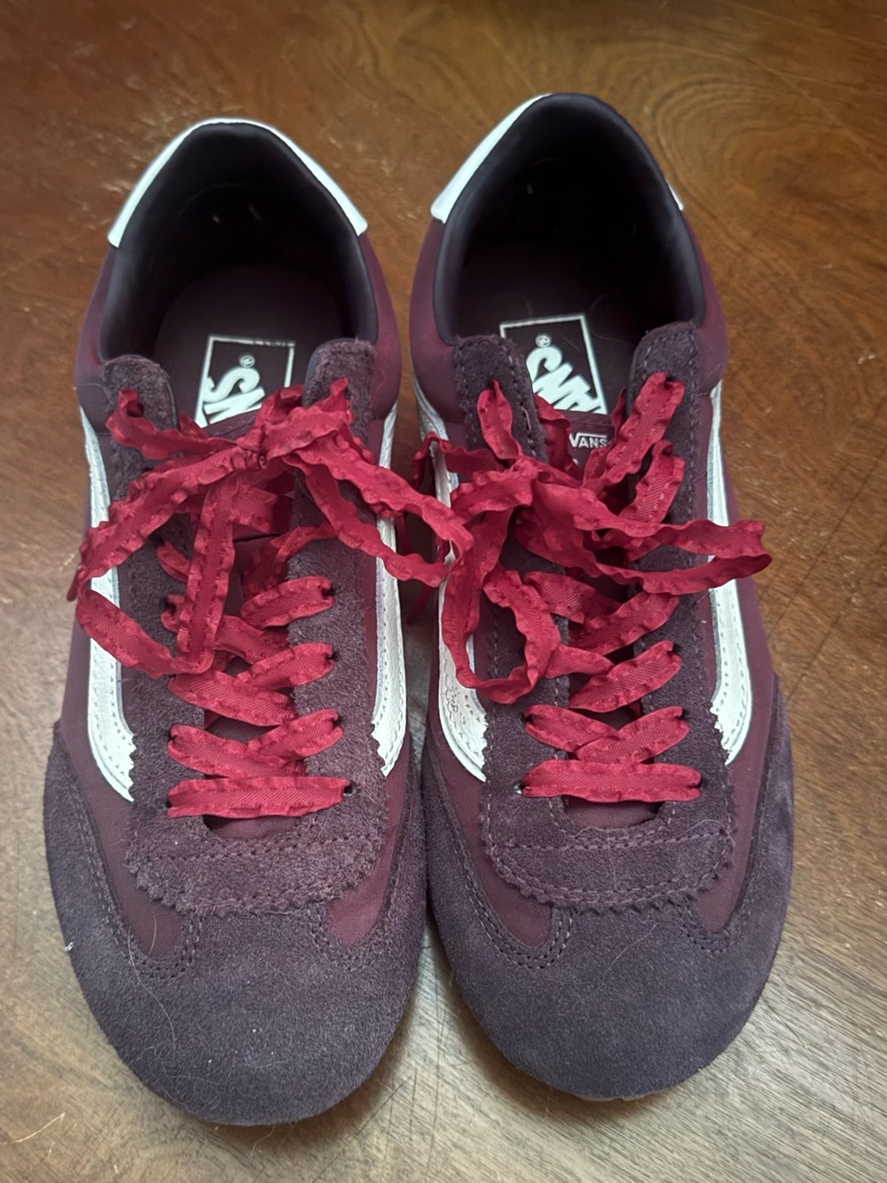 Vans Burgundy/White Suede Low-Top Sneakers with Red Laces